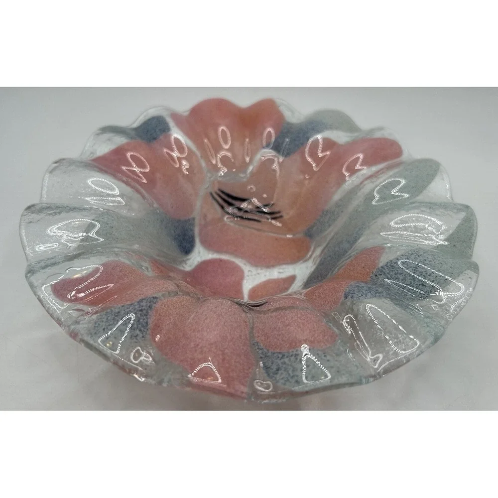 SYDENSTRICKER Fused Glass Fluted Small Bowl Pink Flowers Small Candy Dish‎ VTG
